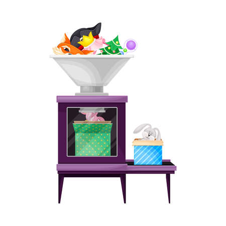 Gift Production and Wrapping with Carton Boxes on Conveyor Belt Vector Illustrationのイラスト素材