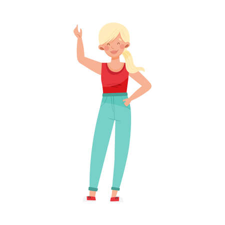 Blonde Woman with Ponytail Wearing Sweatshirt and Jeans Standing and Waving Hand Vector Illustrationのイラスト素材