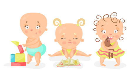 Toddler or Baby Playing with Toys and Reading Book Vector Illustration Setのイラスト素材