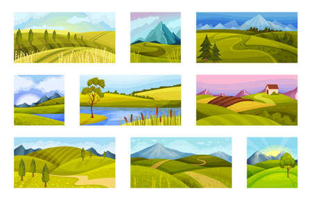 Green Landscapes with Hills and Clear Sky Vector Illustration Setのイラスト素材