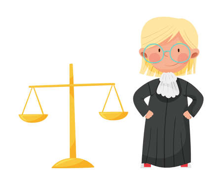 Smiling Girl Character Wearing Long Judge Robe Playing Law Vector Illustrationのイラスト素材