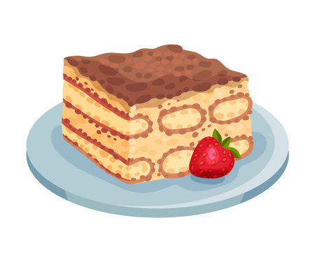 Italian Tiramisu Cake Layered with Whipped Cream and Mascarpone Cheese Vector Illustration