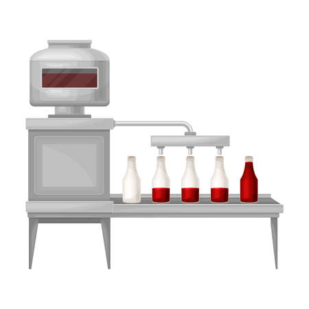 Ketchup Manufacturing with Tomato Sauce Pouring in Bottle Vector Illustrationのイラスト素材