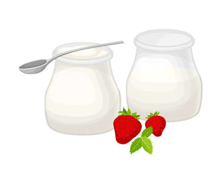 Glass Jar with Yogurt as Dairy Product and Strawberry Rested Nearby Vector Illustrationのイラスト素材
