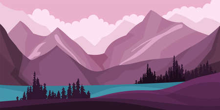 Mountain Peaks and Lake Horizontal Landscape Vector Illustrationのイラスト素材