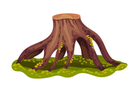 Stump or Tree Stub with Roots Covered with Green Moss as Forest Element Vector Illustrationのイラスト素材