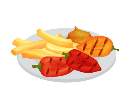 Festive Food for Oktoberfest Celebration with Grilled Pepper and French Fries Vector Illustrationのイラスト素材