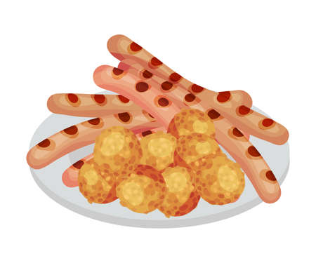 Festive Food for Oktoberfest Celebration with Sausages and Crunchy Meat Balls Rested on Plate Vector Illustrationのイラスト素材