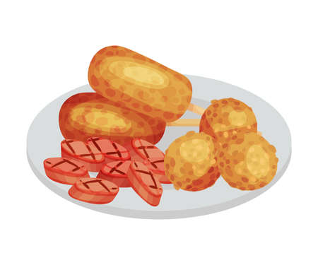 Sausage Slabs and Meat Balls Rested on Plate as Festive Food for Oktoberfest Celebration Vector Illustrationのイラスト素材