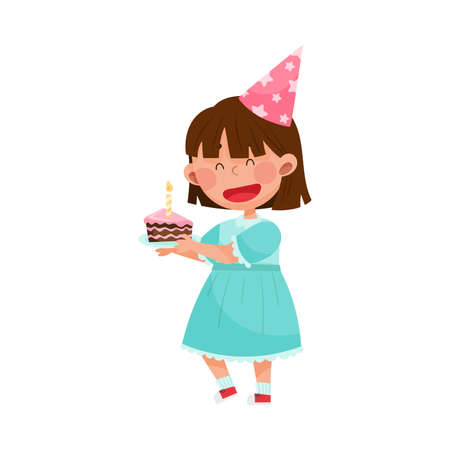 Girl Character in Birthday Hat and Dress Carrying Cake with Candle Vector Illustrationのイラスト素材