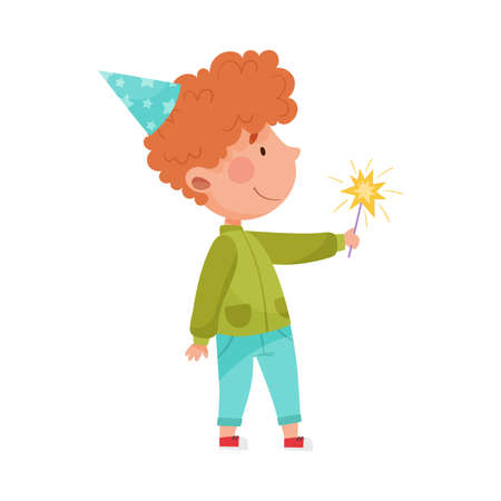 Boy Character in Birthday Hat Holding Firework  Illustrationのイラスト素材