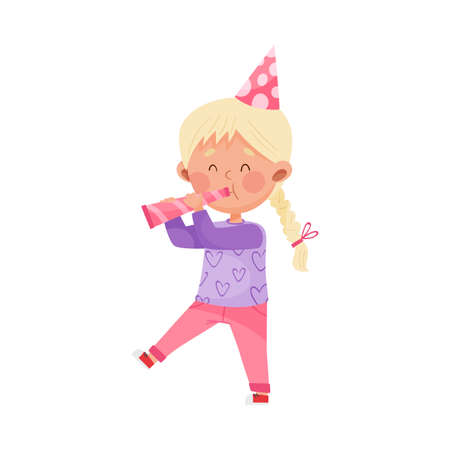 Girl Character in Birthday Hat Blowing a Whistle Vector Illustrationのイラスト素材