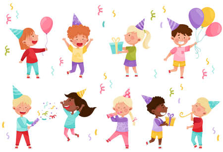 Kid Characters in Birthday Hat at a Party Holding Gift Boxes and Balloons Vector Illustration Setのイラスト素材
