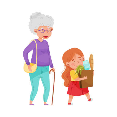 Polite Girl Carrying Shopping Bag Helping Senior Woman Vector Illustrationのイラスト素材