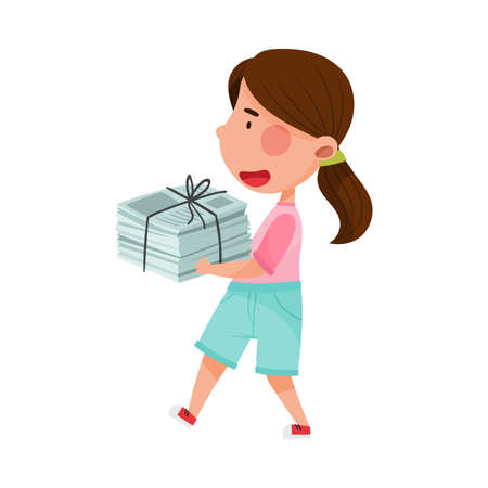 Girl Character Carrying Pile of Paper as Sorted Garbage for Recycling Vector Illustrationのイラスト素材