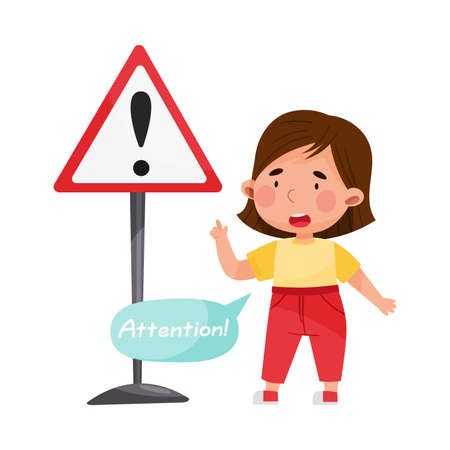 Little Girl Standing Near Road Sign Learning Traffic Rules Vector Illustrationのイラスト素材