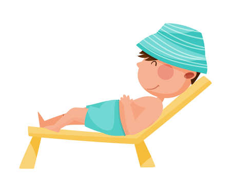 Cute Boy Character Rested on Sun Lounger at Sea Shore Vector Illustrationのイラスト素材