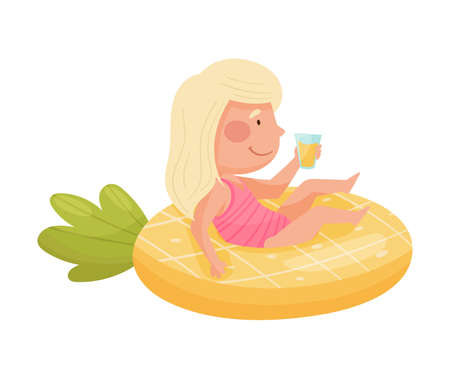 Cute Girl Character Rested in Rubber Swimming Ring and Drinking Juice Vector Illustrationのイラスト素材
