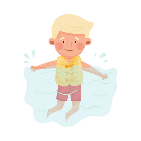 Cute Boy Character Wearing Swimming Jacket Floating in Water Vector Illustrationのイラスト素材