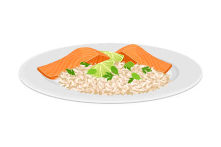Rice with Salmon Slab Garnished with Lime Slices as Seafood Dish Vector Illustrationのイラスト素材