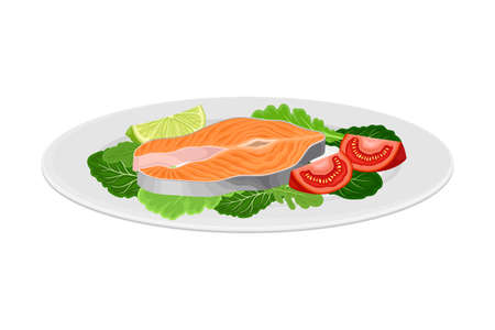 Salmon Steak with Leafy Vegetables as Seafood Dish Vector Illustrationのイラスト素材