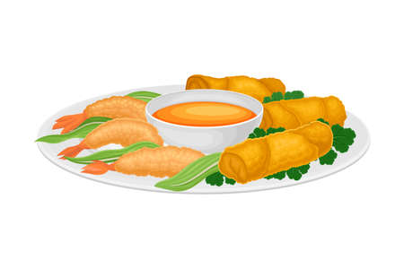 Deep Fried Shrimps with Green Vegetables and Sauce as Seafood Dish Vector Illustrationのイラスト素材
