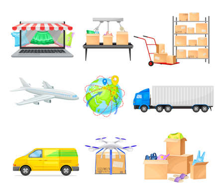 Shopping Logistics from Ordering to Order Batching, Transportation and Delivery Vector Illustration Setのイラスト素材