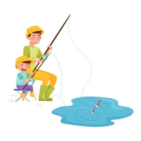 Young Father and His Son Fishing Vector Illustrationのイラスト素材