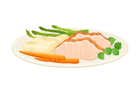 Sliced Turkey or Chicken Served on Plate with Mashed Potato and Vegetables as Thanksgiving Day Dish Vector Illustrationのイラスト素材