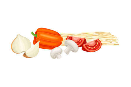 Ingredients for Chinese Noodle Preparation with Mushroom, Tomatoes and Noodle Vector Illustrationのイラスト素材