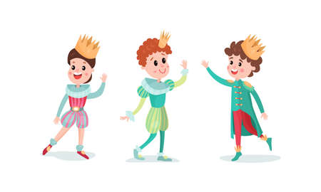 Smiling Little Prince with Golden Crown Wearing Carnival Suit Vector Illustration Setのイラスト素材