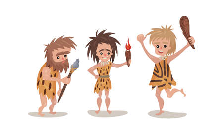 People Characters from Stone Age Wearing Animal Skin and Holding Primitive Tools Vector Illustration Setのイラスト素材