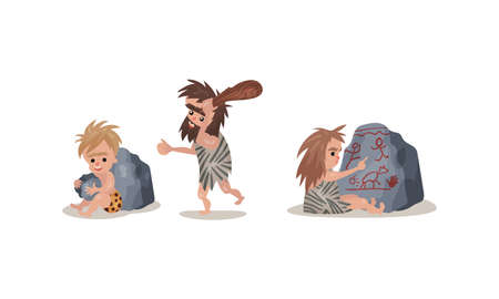 People Characters from Stone Age Wearing Animal Skin and Drawing on Cliff Vector Illustration Setのイラスト素材