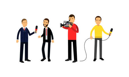 Professional Cameraman And Journalist or News Reporter from TV Broadcast as News Program Crew Vector Illustration Setのイラスト素材