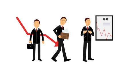 Young Businessman Depressed Because of Economic Downfall and Regression Vector Illustration Setのイラスト素材