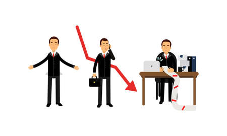 Young Businessman Depressed Because of Economic Downfall and Regression Vector Illustration Setのイラスト素材