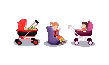 Toddlers Sitting in Baby Carriage and Booster Chair Vector Illustration Set