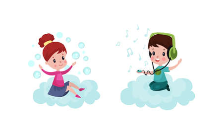Smiling Kids Sitting on Soft Cloud and Doing Different Things Vector Illustration Setのイラスト素材