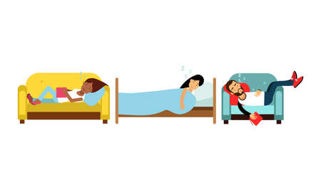 People Characters Fallen Asleep on Couch While Reading Vector Illustration Setのイラスト素材