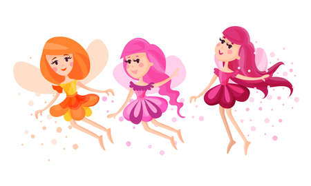 Cute Fairies or Pixies in Pretty Dresses Flying Vector Illustration Setのイラスト素材