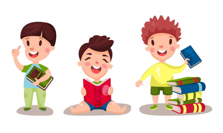 Little Boys Sitting and Standing Reading Book Vector Illustrations Setのイラスト素材