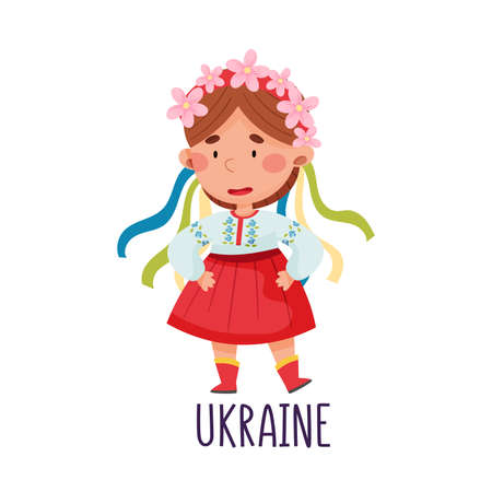 Smiling Girl Wearing National Costume of Ukraine Vector Illustrationのイラスト素材