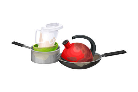 Stack of Dirty Dishes and Utensils with Kettle and Saucepan Vector Illustrationのイラスト素材