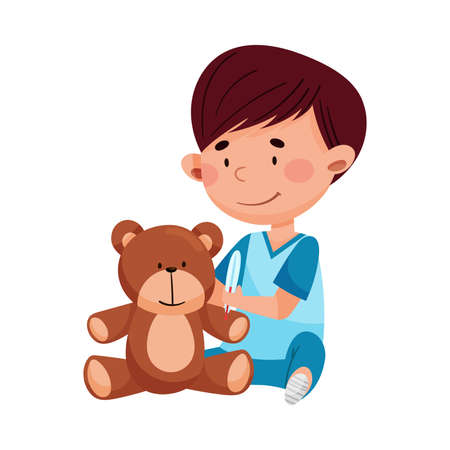 Careful Little Boy in Medical Wear Treating Teddy Bear Vector Illustrationのイラスト素材