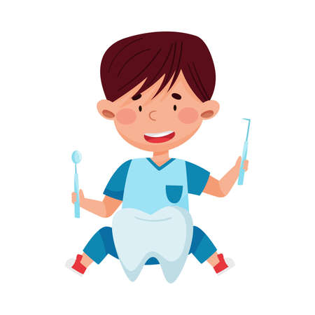 Happy Boy Character in Medical Wear Playing Doctor and Nurse Vector Illustrationのイラスト素材