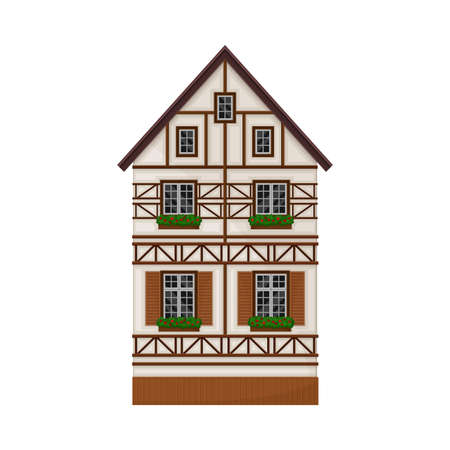Traditional German Timbered House with Windows and Flowers Vector Illustrationのイラスト素材