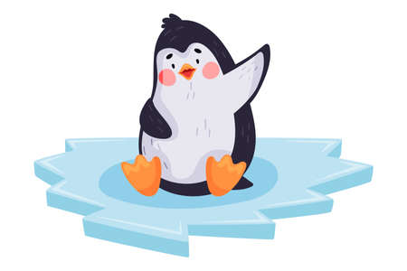 Cute Penguin Sitting on Ice Cake and Waving Wing Vector Illustrationのイラスト素材