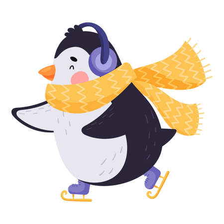 Adorable Penguin with Red Cheeks in Scarf Figure Skating Vector Illustrationのイラスト素材