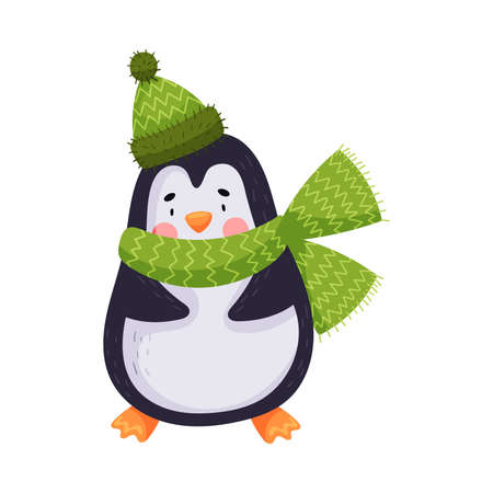 Cute Penguin Wearing Warm Hat and Scarf Vector Illustrationのイラスト素材