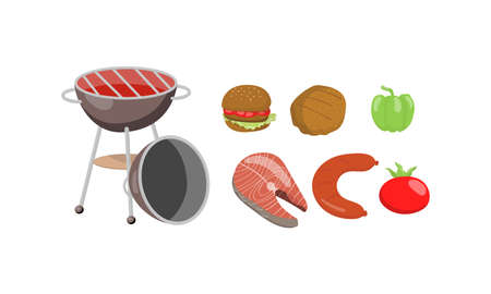 Barbecue Foodstuff and Gridiron for Grilling Vector Setのイラスト素材